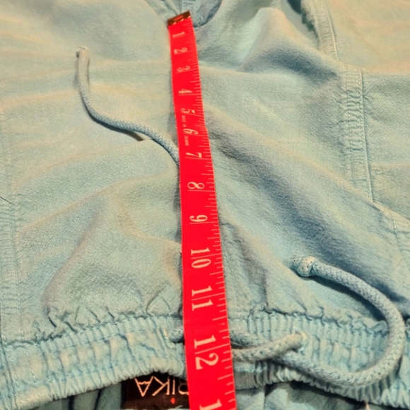 Erika Petite Bright Blue Teal Capri Pants Front Seam Drawstring Waist Women PL - Picture 12 of 13